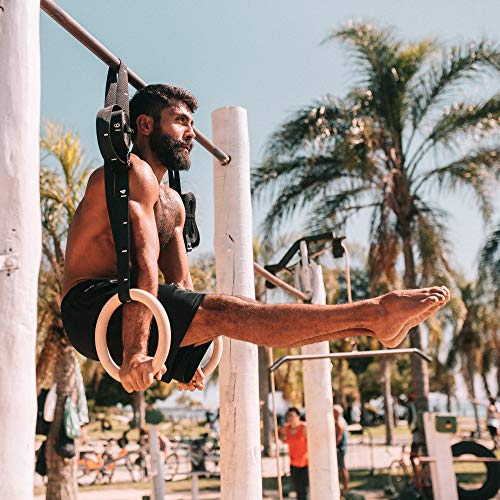 PULLUP & DIP Anillos de Gimnasia de Madera, Anillos Olímpico para Calistenia & Crossfit - Correas Anchas de Sujeción con Marcas + Anclajes de Puerta + Bolsa de Transporte + Guía de Entrenamiento