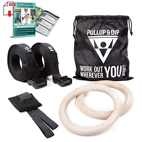 PULLUP & DIP Anillos de Gimnasia de Madera, Anillos Olímpico para Calistenia & Crossfit - Correas Anchas de Sujeción con Marcas + Anclajes de Puerta + Bolsa de Transporte + Guía de Entrenamiento