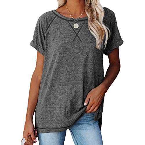 QAZX Camiseta de manga corta para mujer, elegante, ajustada, cuello redondo, informal, monocolor, holgada, holgada, cómoda, de calle, para deporte y para el día a día, gris oscuro, XL
