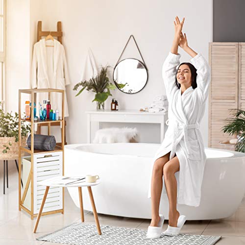 Relaxdays Estantería de Baño con Cesto para Colada, Beige-Blanco, Bambú-Tela, 130 x 37 x 33 cm