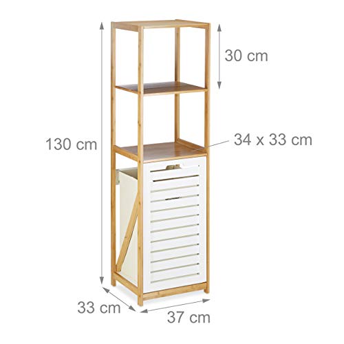 Relaxdays Estantería de Baño con Cesto para Colada, Beige-Blanco, Bambú-Tela, 130 x 37 x 33 cm
