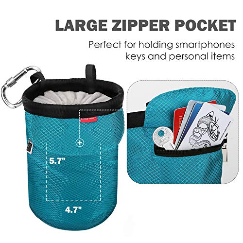Rhino Valley Bolsa de Tiza, Bolsa de Magnesio de Forma Cilíndrica y Boca Oblicua sin Fugas con Cirturón Ajustable, Clip de Gancho y Bolsillo con Cremallera para Escalada - Azul Claro