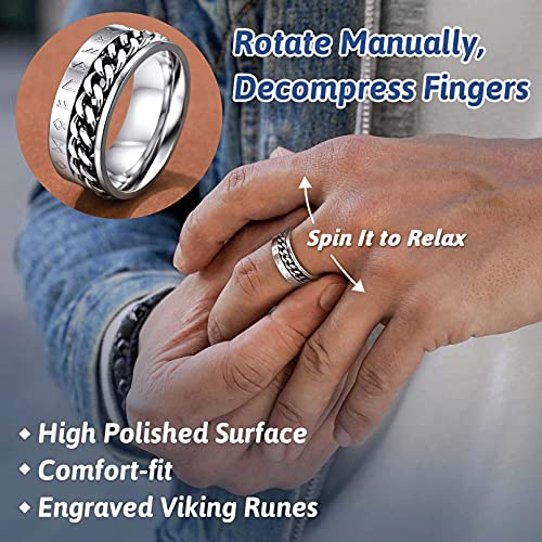 Runas Anillo Personalizado Acero Inoxidable 316L Cadena Cubana para Hombres y Mujeres de Estilo Vintage Futhark Anillo Giratorio de Banda Joyerías Morales de Amuleto de Protección Nórdico Talla 7