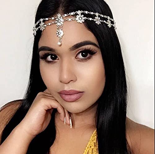 Runmi Cadena de cabeza nupcial con perlas de pelo de oro Jewerly Diadema de flores para la frente, banda de festival accesorios para el cabello para mujeres y niñas
