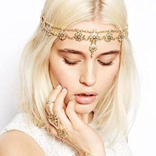 Runmi Cadena de cabeza nupcial con perlas de pelo de oro Jewerly Diadema de flores para la frente, banda de festival accesorios para el cabello para mujeres y niñas
