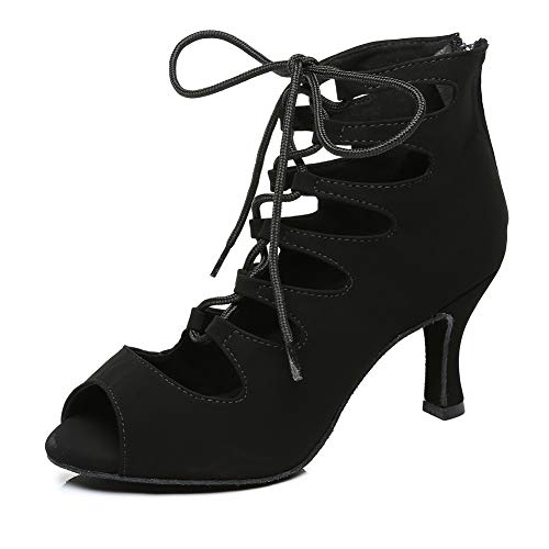 RUYBOZRY Botas de Baile Latino Mujer Botines Punta Abierta con Cordones Zapatos de Baile de Salon,YCL456-Negro-7.5,EU39