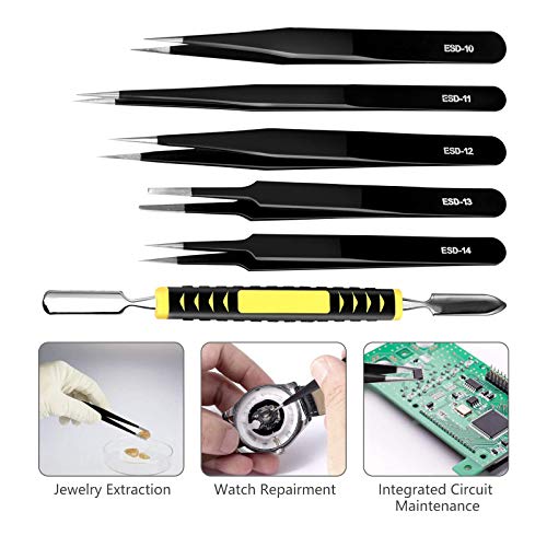 RYMALL 12 Piezas Pinzas de Precisión, ESD Anti-Estáticas de Acero Inoxidable Pinzas para Electrónica, Joyería, Trabajo de Laboratorio, Maintenance Tools, Ceja y Pelo,negro