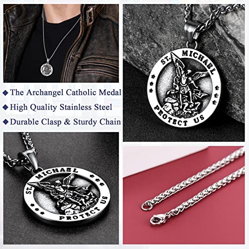 San Miguel Arcángel Medalla Redonda Relieve Acero Inoxidable 316L de Hombres Joyería Retro de Talismán de Familias Regalo Rezo Oración