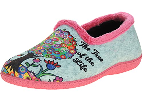 SEVILLAS: Zapatilla de IR por Casa para Mujer. Árbol de la Vida. Invierno. Suapel. Piso Goma Antideslizante. Celeste Talla 36