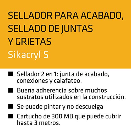 Sikacryl S, Blanco, Masilla acrílicos para el sellado de juntas y relleno de fisuras en interior y exterior, 300 ml