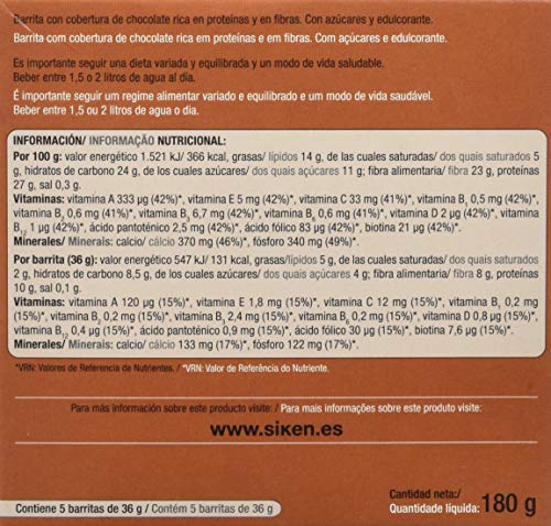 Siken Diet - Barrita Sabor Chocolate con Proteínas para ayudarte a Controlar tu Peso - Estuche con 5 barritas de 36g, 180 g