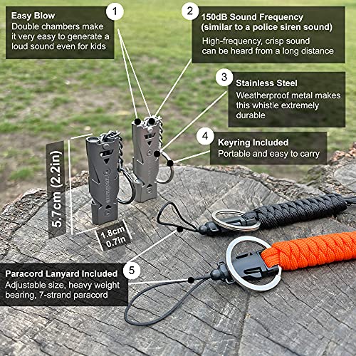 Silbato fuerte con paracord correa del acollador – fácil soplado, acero inoxidable – 150dB sonido nítido para emergencia, perro caminando en la oscuridad, seguridad, camping al aire libre (2 Silbidos)