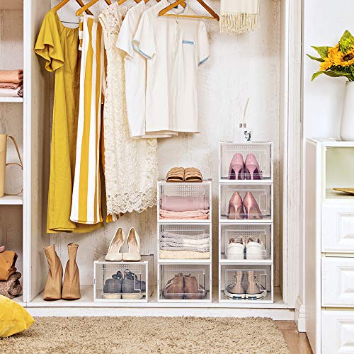 SONGMICS Cajas de Zapatos, Paquete de 8 Organizadores de Almacenamiento, Plegables y Apilables para Zapatillas hasta Talla 46, Transparente y Blanco LSP08MWT
