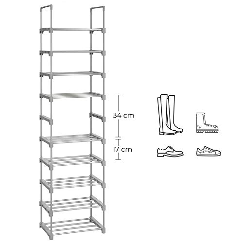 SONGMICS Estante Zapatero, Estante para Zapatos, Juego de 2, 5 Niveles, Metal, Apilable, Ahorra Espacio, Almacenaje Zapato, Multifuncional, para el Pasillo, Dormitorio, Sala de Estar, Gris LSA055G02