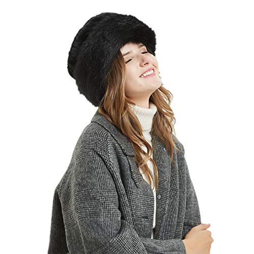soul young Gorro de Mujer de Zorro Falso de Piel Cossack en Estilo Ruso Leopardo(Negro)