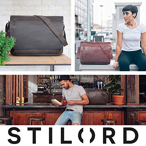 STILORD 'Jan' Maletín para portátil de 15,6' Cuero Estilo Vintage Bolsa de Hombro Bolso de Mensajero o Bandolera de auténtica Piel de búfalo, Color:Andorra - marrón
