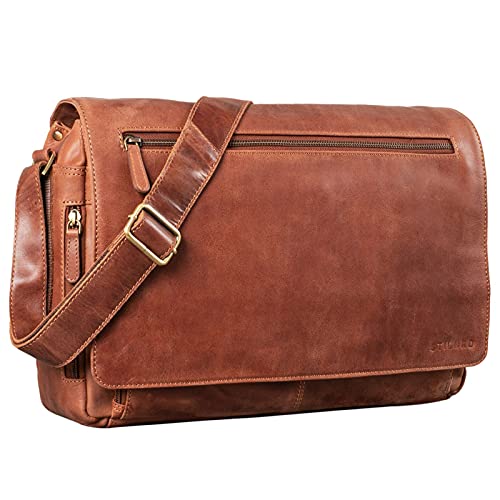 STILORD 'Jan' Maletín para portátil de 15,6' Cuero Estilo Vintage Bolsa de Hombro Bolso de Mensajero o Bandolera de auténtica Piel de búfalo, Color:Andorra - marrón