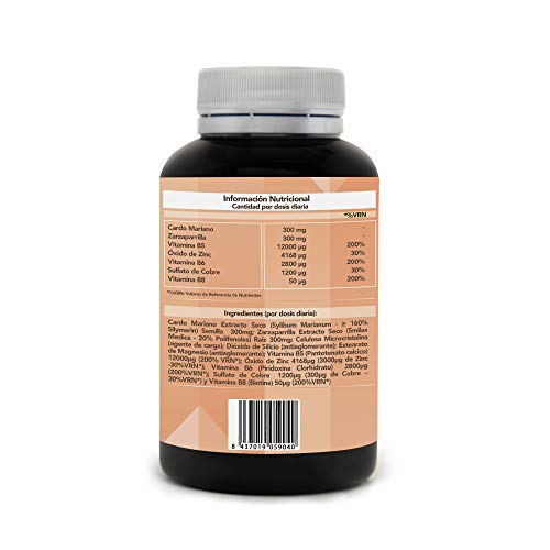 STOP ACNÉ | Elimina el Acné y Previene su Aparición | Tratamiento Eficaz Contra Espinillas y Puntos Negros Grasos | Cardio Mariano + Zarzaparrilla + Zinc + Cobre + Vit. B5, B6, B8 | 90 caps. vegetales