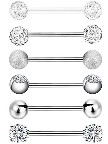Sumind 6 Pares de Aros de Pezón Lengua Anillas de Barra con Pesas de Acero Inoxidable Piercing de Cuerpo de Zirconia Cúbica, 14 Gauge (Color de Acero)