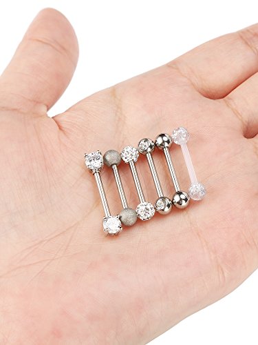 Sumind 6 Pares de Aros de Pezón Lengua Anillas de Barra con Pesas de Acero Inoxidable Piercing de Cuerpo de Zirconia Cúbica, 14 Gauge (Color de Acero)