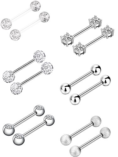Sumind 6 Pares de Aros de Pezón Lengua Anillas de Barra con Pesas de Acero Inoxidable Piercing de Cuerpo de Zirconia Cúbica, 14 Gauge (Color de Acero)