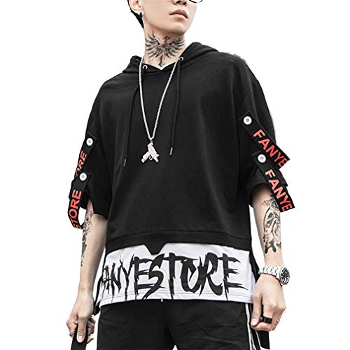 Tasty Life Sudadera con Capucha De Manga Corta para Hombres, Camiseta con Capucha, Camiseta Holgada De Hip-Hop Holgada De Gran Tamaño, Sudadera con Capucha De Media Manga Falsa(XL,Black)