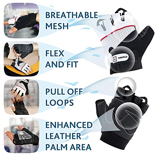 TAVIALO Guantes de Fitness para Mujer S (13-16 cm), Color Negro/Blanco/Rojo, Guantes de Gimnasio Mujer para Crossfit Bodybuilding Bicicleta Entrenamiento Deporte. Palma en Piel, Dorso Transpirable
