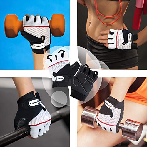TAVIALO Guantes de Fitness para Mujer S (13-16 cm), Color Negro/Blanco/Rojo, Guantes de Gimnasio Mujer para Crossfit Bodybuilding Bicicleta Entrenamiento Deporte. Palma en Piel, Dorso Transpirable