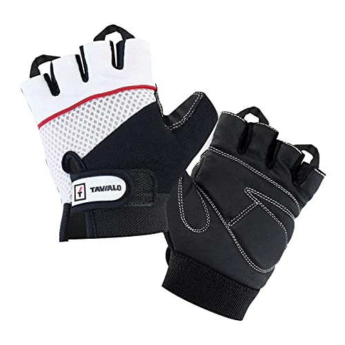 TAVIALO Guantes de Fitness para Mujer S (13-16 cm), Color Negro/Blanco/Rojo, Guantes de Gimnasio Mujer para Crossfit Bodybuilding Bicicleta Entrenamiento Deporte. Palma en Piel, Dorso Transpirable