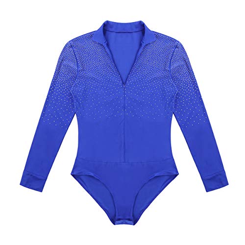 TiaoBug Leotardo de Danza Latina Tango Rumba Patinaje para Hombres Maillot Brillo Manga Larga de Gimnasia Fitness Práctica Bodysuit Monos Cuello en V Royal_Blue Large