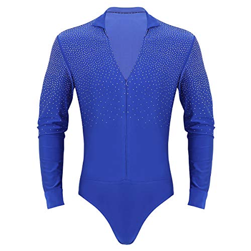 TiaoBug Leotardo de Danza Latina Tango Rumba Patinaje para Hombres Maillot Brillo Manga Larga de Gimnasia Fitness Práctica Bodysuit Monos Cuello en V Royal_Blue Large