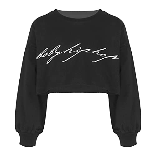 TiaoBug Sudadera de Deportivo sin Capucha para Niña Crop Top Camiseta de Manga Larga de Algodón Primavera Otoño Ropa de Baile Callejero Hiphop 3-18 Años Negro 9-10 años