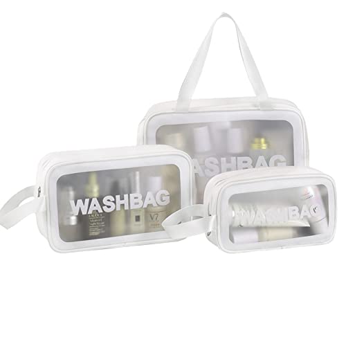 Timertick Bolsas de Aseo Transparente 3 Piezas,Bolsa de Aseo Impermeable para Piscina,Baño,Viaje,Vuelo,Bolsa de Maquillaje de Varios Tamaños (Blanco)