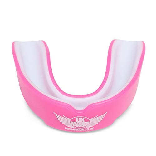 UK Warrior – Protector bucal (rosa y blanco) ideal para artes marciales mixtas, boxeo, rugby, hockey – máxima protección – talla infantil