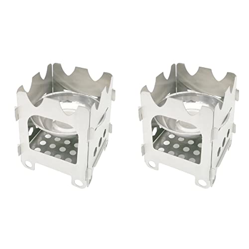 Unomor 2 estufa de camping de acero inoxidable portátil de acero inoxidable para madera, plegable, pico, nivel de pico, quemador (plata)