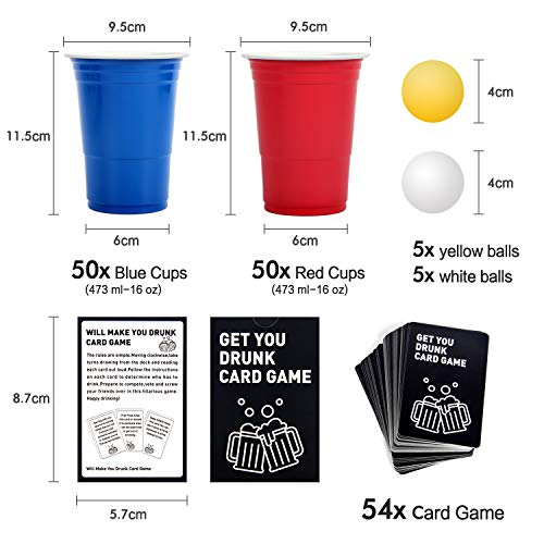 Upchase (100+10+Juego de Cartas Copas de Plastico, Beer Pong Kit, para Fiestas Vaso de Plástico, 100 de 16oz, 54 Cartas y 10 Bolas de, para Bebidas, Fiesta Celebración, Juego para Beber