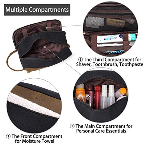 VASCHY Neceser Hombre,Bolsa de Aseo Mujer Neceseres para Maquillaje Cuero Lona Bolsa de Cosméticos Impermeable Bolsa de Lavado con Múltiples Bolsillos Negro