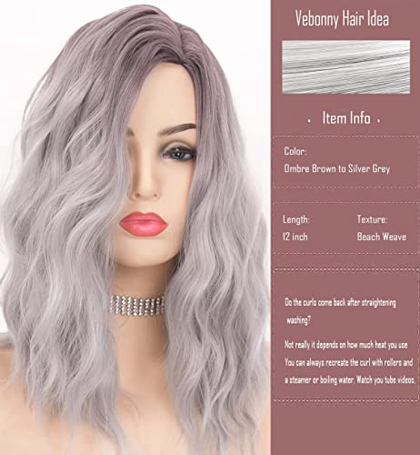 VEBONNY - Pelucas grises de media melena para mujer, pelucas con raíces oscuras y cabello corto rizado, pelucas de pelo corto sintético sin malla, la mejor peluca gris, modelo 102