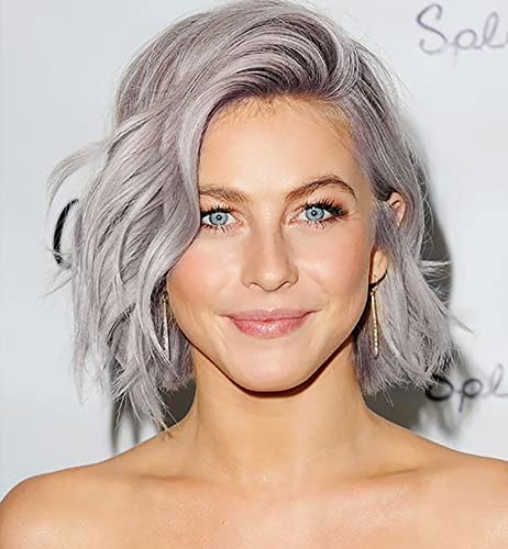 VEBONNY - Pelucas grises de media melena para mujer, pelucas con raíces oscuras y cabello corto rizado, pelucas de pelo corto sintético sin malla, la mejor peluca gris, modelo 102