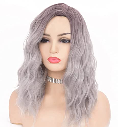 VEBONNY - Pelucas grises de media melena para mujer, pelucas con raíces oscuras y cabello corto rizado, pelucas de pelo corto sintético sin malla, la mejor peluca gris, modelo 102