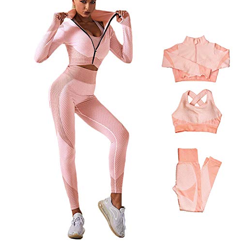 Veriliss 3 Piezas Mujer Yoga Traje Entrenamiento para, Gym Mallas de Yoga Sin Costuras y Sujetador Deportivo Elástico Ropa de Gimnasio (Rosado, M)