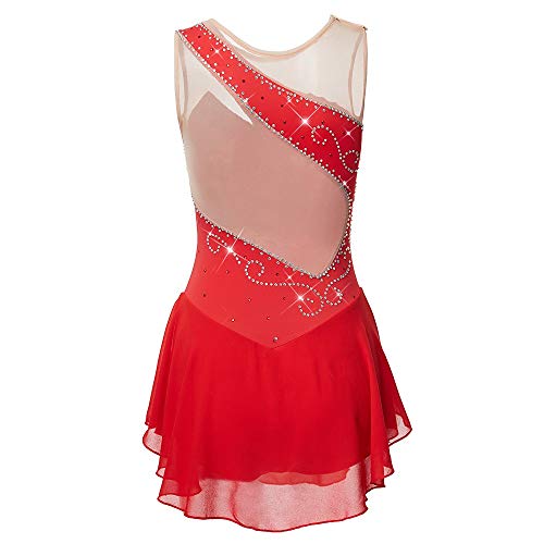 Vestido de Patinaje artístico Femenino, niñas Elastano Rojo Alta Elasticidad Competencia Deportiva Ropa de Patinaje Diseño Transpirable Hecho a Mano sin Mangas (Color : Red, Size : M)