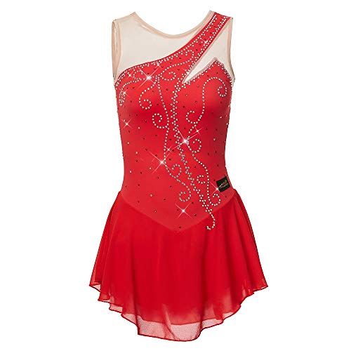 Vestido de Patinaje artístico Femenino, niñas Elastano Rojo Alta Elasticidad Competencia Deportiva Ropa de Patinaje Diseño Transpirable Hecho a Mano sin Mangas (Color : Red, Size : M)