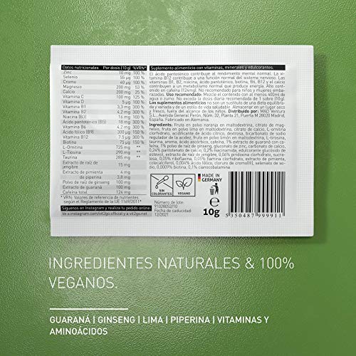 Vit2go ENERGY (30 sobres) - Bebida energética con cafeína (124 mg), guaraná y taurina, Complejo vitamínico con minerales (8 vitaminas B y aminoácidos esenciales, magnesio, calcio, zinc), vegano