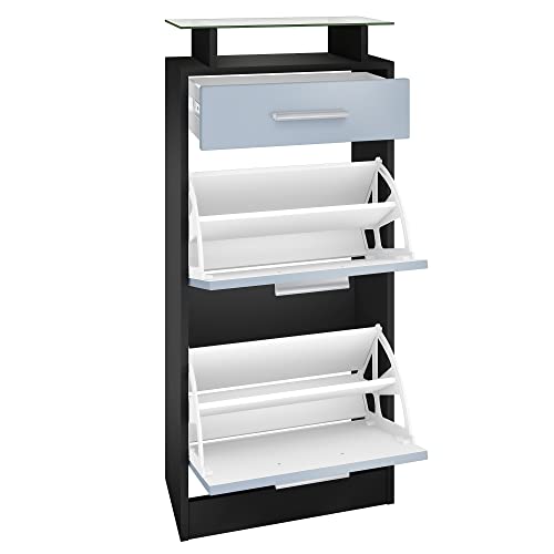 Vladon Zapatero Loret V2, Armario para Zapatos para 8 Pares de Zapatos con 2 Puertas abatibles, 1 Cajón y Estante de Cristal, Negro Mate/Negro Mate (46 x 104 x 23 cm)