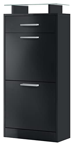 Vladon Zapatero Loret V2, Armario para Zapatos para 8 Pares de Zapatos con 2 Puertas abatibles, 1 Cajón y Estante de Cristal, Negro Mate/Negro Mate (46 x 104 x 23 cm)