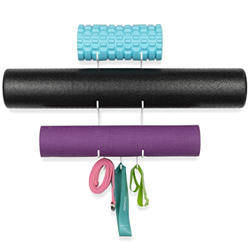 Wallniture Guru Wall Mount Yoga Mat Equipo De Gimnasio En Casa Bandas De Resistencia Y Soporte De Rodillo De Espuma Con 3 Ganchos 3 Seccionales De Metal Blanco