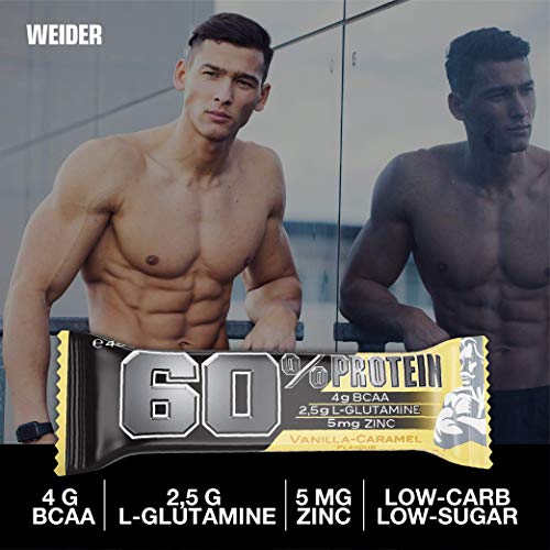 Weider 60% Protein Bar Vainilla Caramelo 24 x 45 gr. La barrita con más proteína del mercado. Con 4 g de BCAAs por barrita.