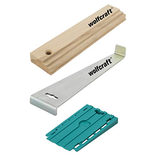 wolfcraft Pack para suelos adecuados pulgadasInstalación de suelos laminados y de diseñopulgadas, 6975000, Kit completo compuesto por dispositivo de tracción, taco de madera y 30 cuñas universales