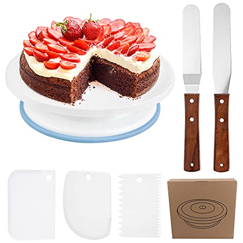 XiYee Mesa Giratoria para Tartas, Soporte Giratorio para Tartas con 2 Cuchillas de Paleta en Ángulo, 3 Raspadores de Crema Para Hacer Pasteles, Decoración de tartas